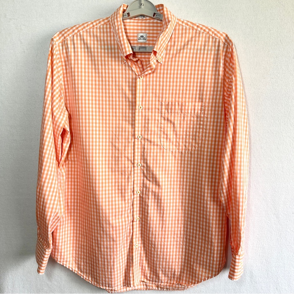 Peter Millar Gingham Shirt L Orange White Plaid Long Sleeve Button Down Pocket
